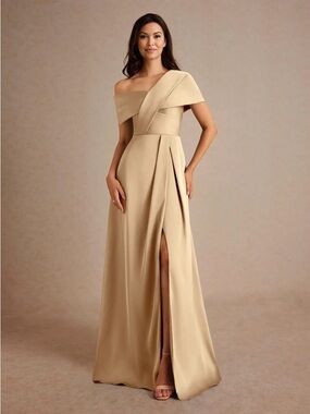 Azazie One-Shoulder Champagne Evening Gown. Mother of the Bride
